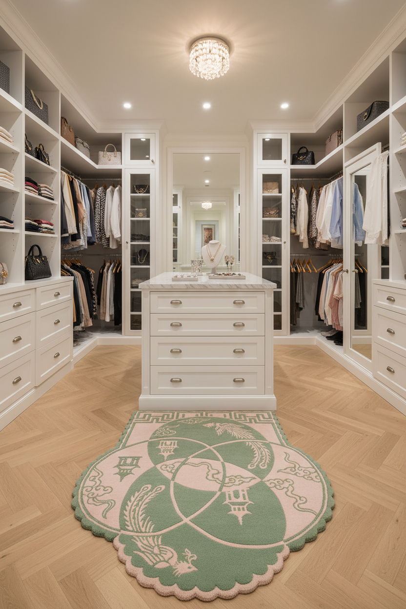 Luxurious walk-in closet with white shelves, drawers, and a large mirror. Floor has a decorative rug.