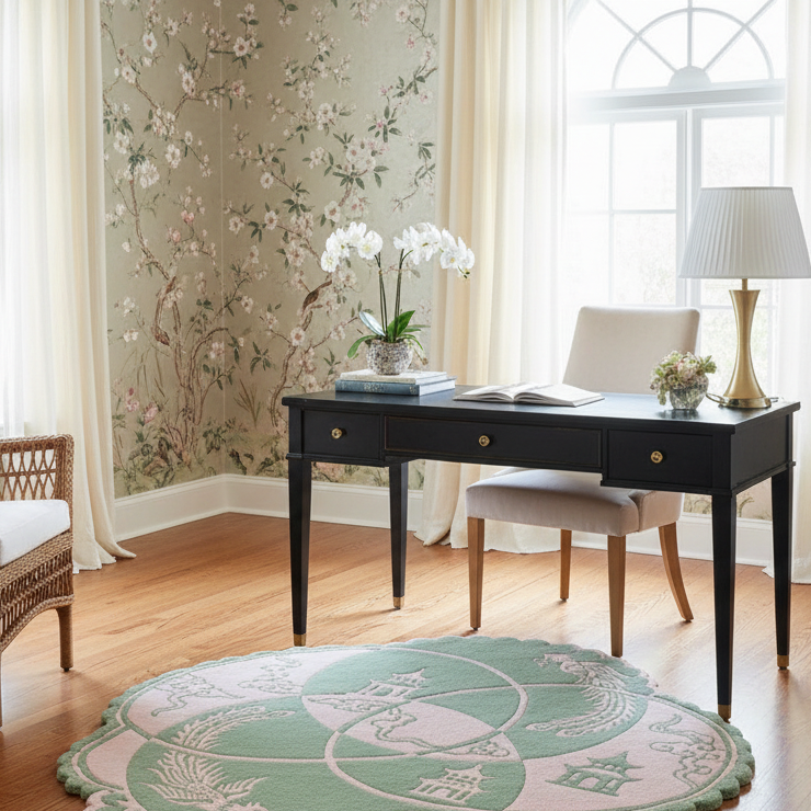Living room with a desk, chairs, and a decorative rug.
