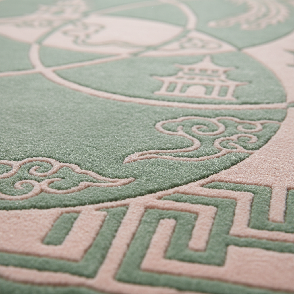 Close-up of a textured rug with a traditional Chinese-inspired design, featuring a pale sage green and light pink color scheme with embossed cloud and pagoda motifs.