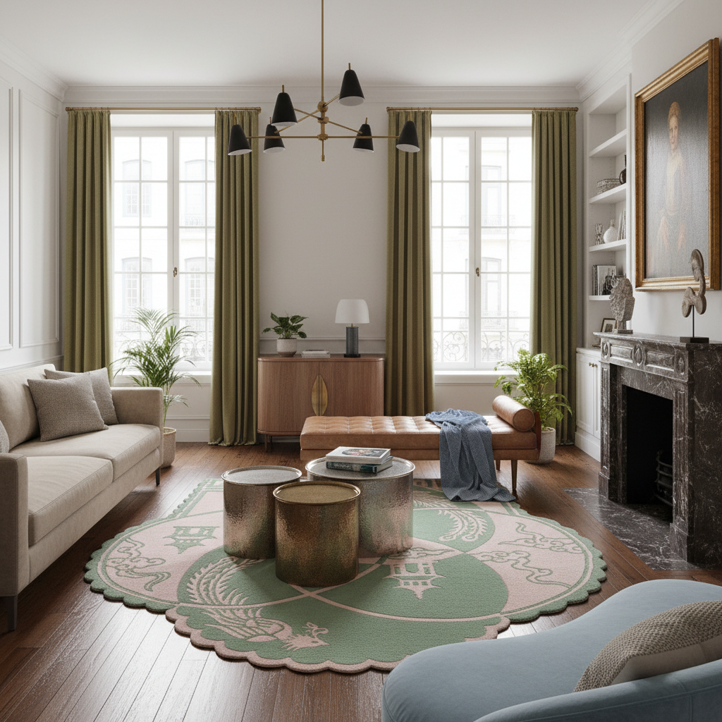 A styled living room interior featuring a large scalloped round rug in sage green and blush pink with a decorative crest pattern. The rug is styled in a classic room setting with a beige sofa, metallic gold coffee tables, olive green curtains, a wooden cabinet, and a marble fireplace.