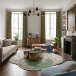 A styled living room interior featuring a large scalloped round rug in sage green and blush pink with a decorative crest pattern. The rug is styled in a classic room setting with a beige sofa, metallic gold coffee tables, olive green curtains, a wooden cabinet, and a marble fireplace.