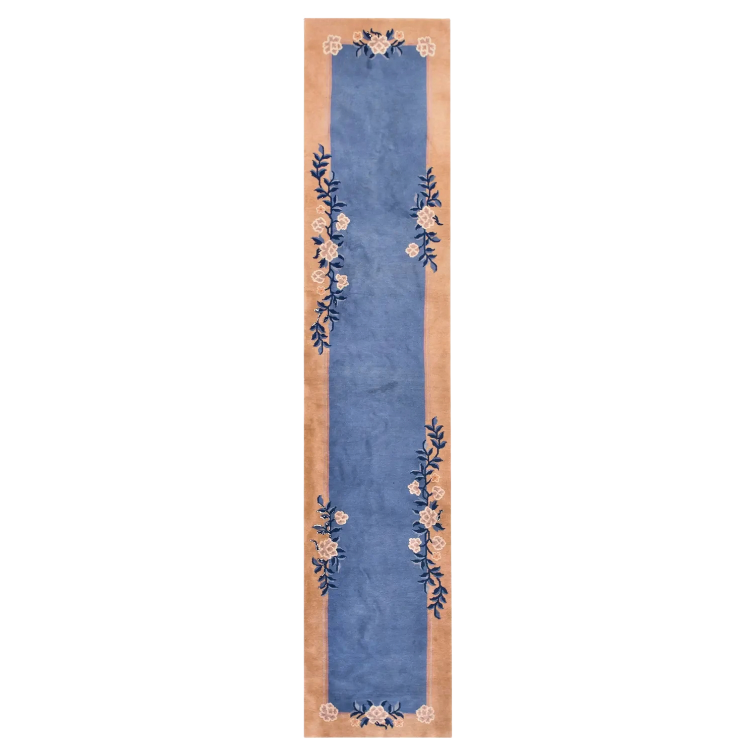 Elegant Chinoiserie blue floral wool hand-knotted runner rug with intricate floral designs along the edges, perfect for use as a bathroom runner rug, kitchen runner rug, or hallway runner rug.