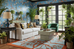 Living room with floral wallpaper, white sofa, Chinoiserie Tree Hand Tufted Wool Rug, and decorative elements.