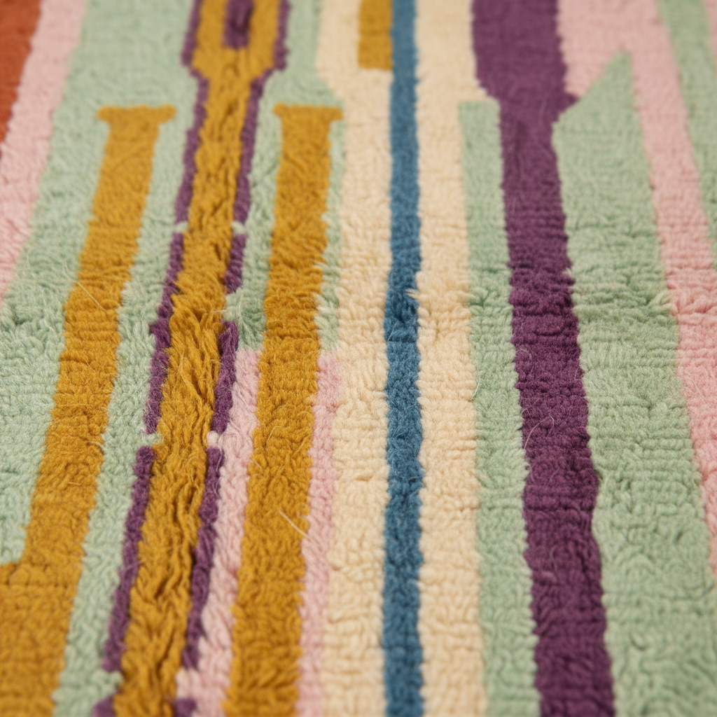 Close-up of a textured rug with vertical stripes in pastel green, cream, pink, blue, purple, and mustard yellow.