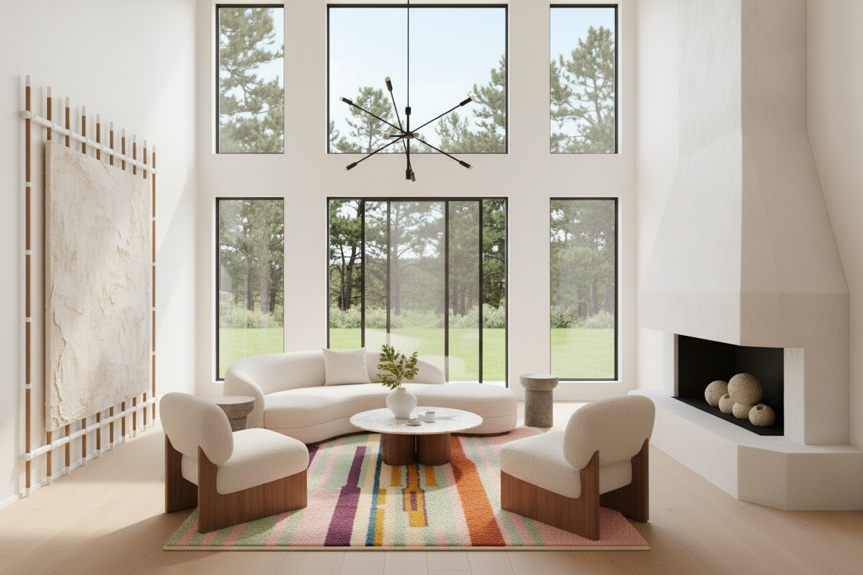Modern living room with white furniture, a colorful rug, and large windows.