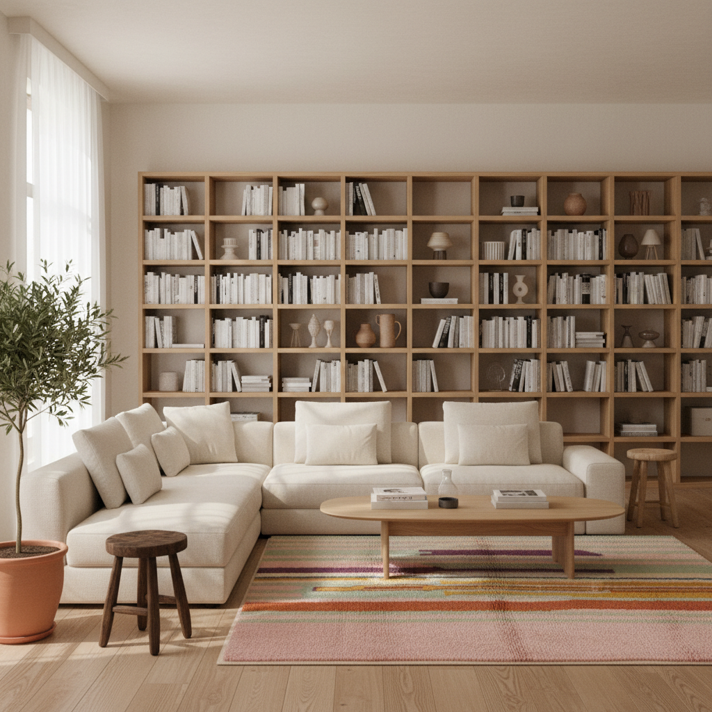 A modern living room featuring a large cream-colored sectional sofa in front of a massive light wood bookshelf filled with books. A striped multicolor rug, a light wood coffee table, and a potted plant are arranged on a light wood floor.