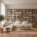 A modern living room featuring a large cream-colored sectional sofa in front of a massive light wood bookshelf filled with books. A striped multicolor rug, a light wood coffee table, and a potted plant are arranged on a light wood floor.