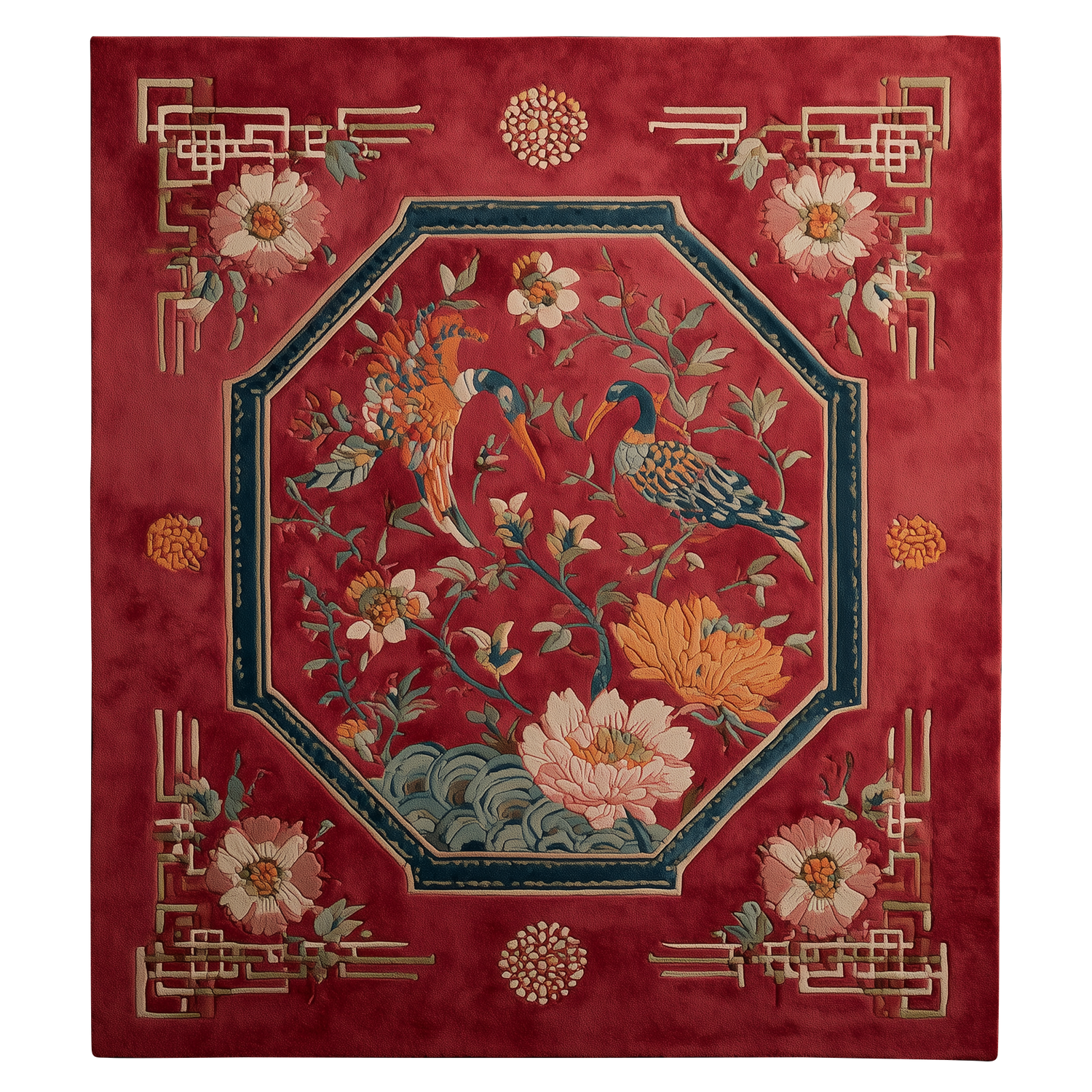 Cinnabar Crane Octagon Hand Tufted Viscose Rug
