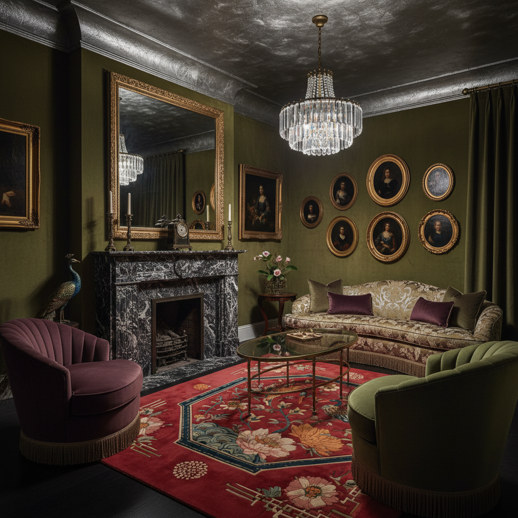 Luxurious living room with chinoiserie red rug, ornate furniture, chandelier, and framed pictures.