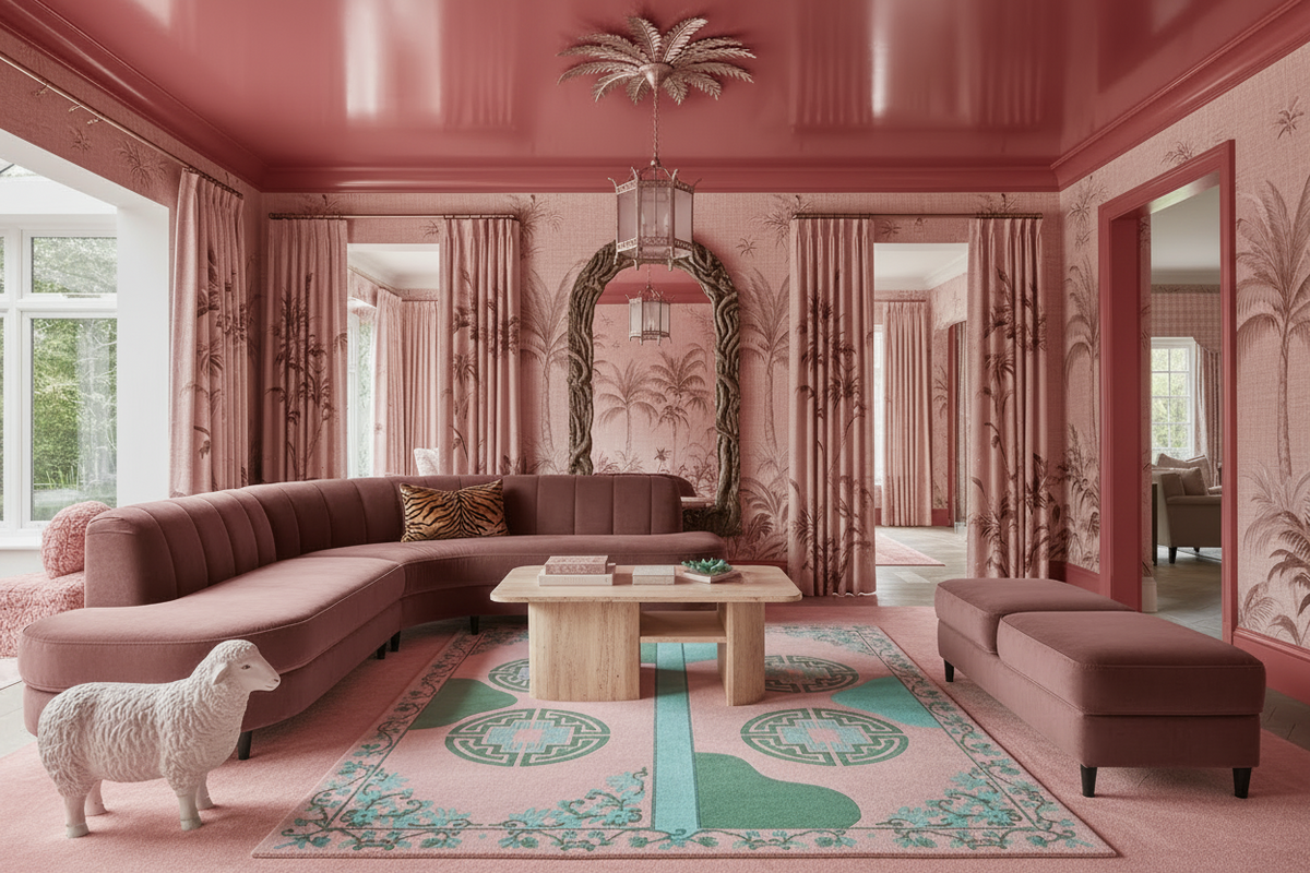 Pink-themed living room with a sectional sofa, coffee table, and decorative rug.