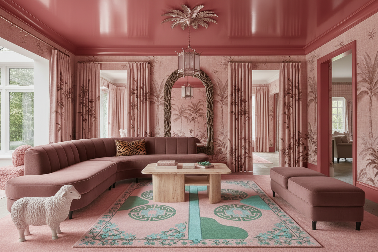 Pink-themed living room with a sectional sofa, coffee table, and decorative rug.