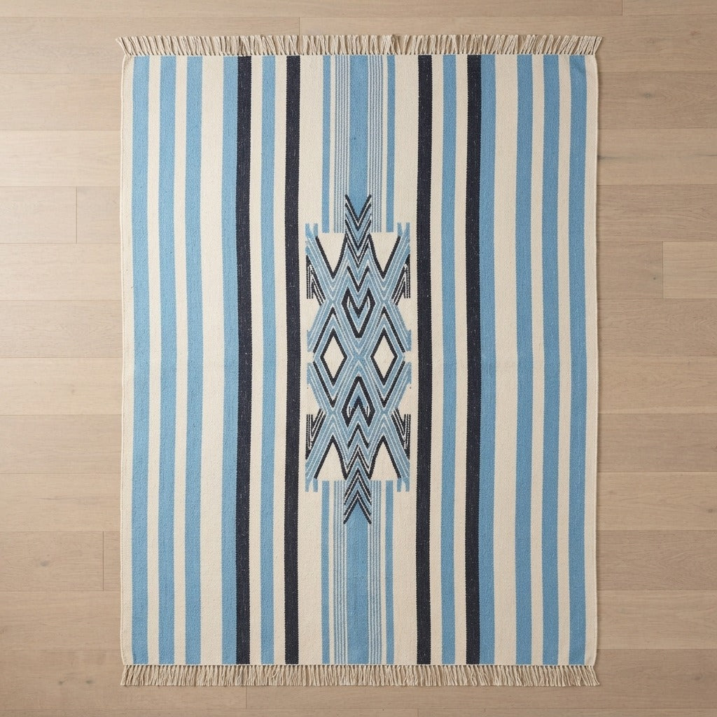 Coastal Stripe Totem Flatweave Cotton Dhurrie Rug - studio photo