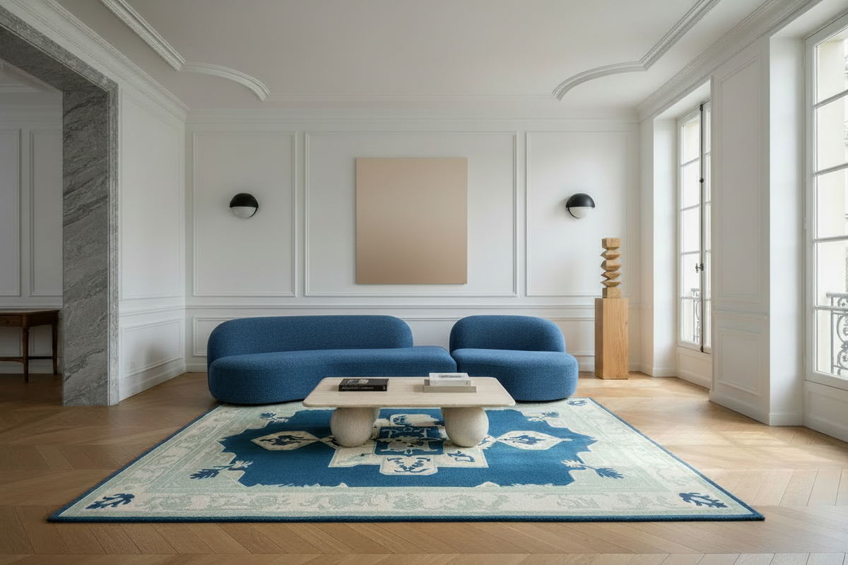 Modern living room with a blue sofa, coffee table, and decorative blue tribal rug.