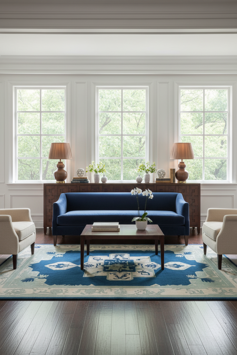 A styled living room featuring a deep blue three-seater sofa as the central product, set on a blue and beige patterned area rug with a dark wood coffee table, flanked by two cream armchairs. The room has white walls with decorative molding, three large windows showing green trees outside, and a dark wood console table with matching lamps.