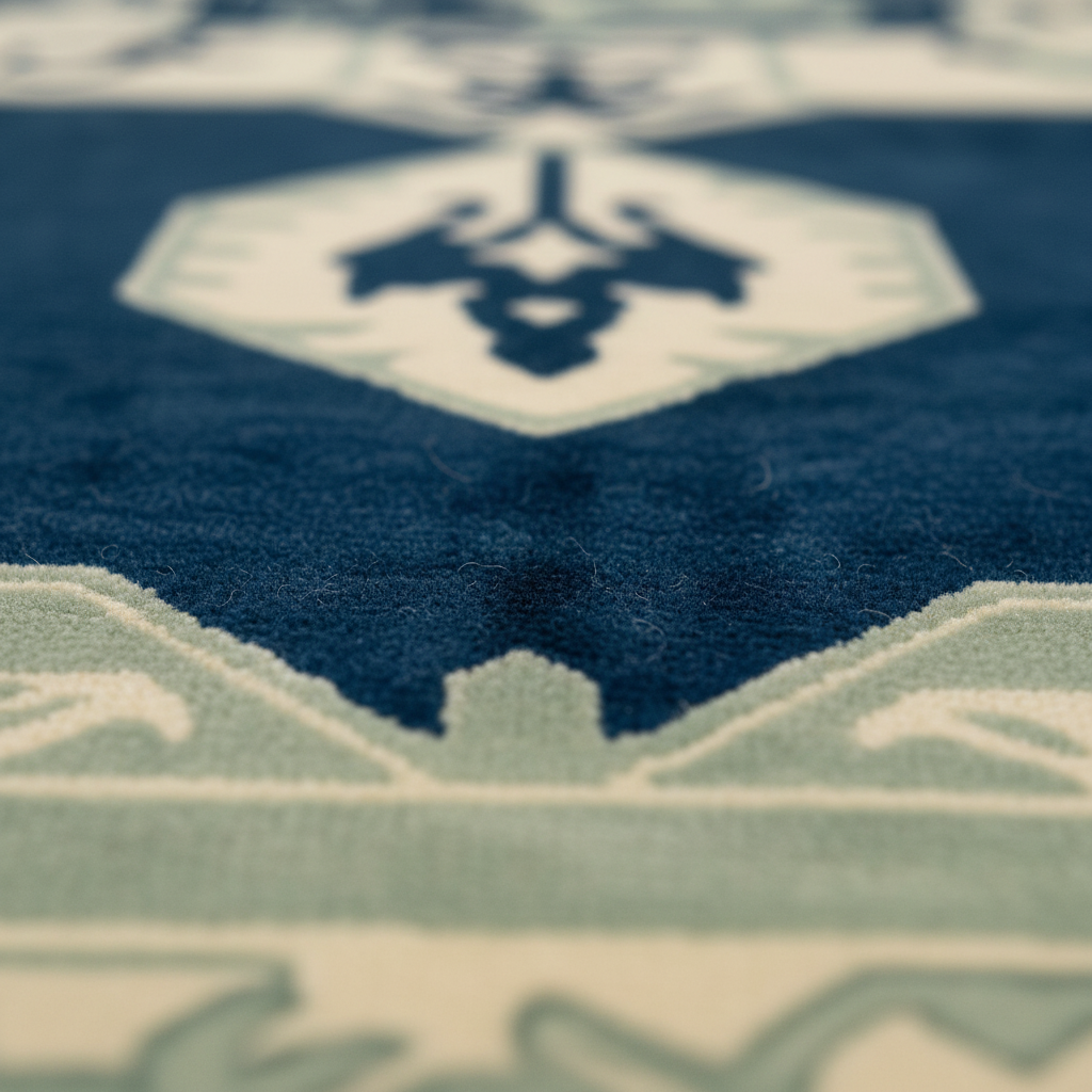 Close-up of a patterned rug with a deep blue field, cream geometric medallion motifs, and pale sage green border details.
