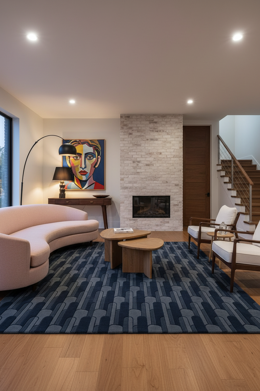A modern living room featuring a large navy blue and gray patterned area rug, a curved blush pink sofa, wooden coffee tables, a brick fireplace, and a staircase in the background.