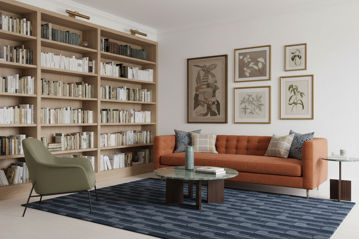 A styled living room interior featuring a terracotta orange sofa, a green armchair, a blue patterned rug, and a large wooden bookshelf filled with books. The wall is decorated with six framed botanical and abstract prints.