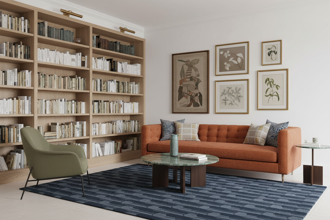 A styled living room interior featuring a terracotta orange sofa, a green armchair, a blue patterned rug, and a large wooden bookshelf filled with books. The wall is decorated with six framed botanical and abstract prints.