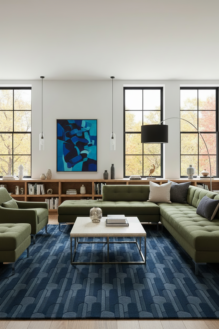 Modern living room with a sectional sofa, coffee table, and decorative blue contemporary rug.