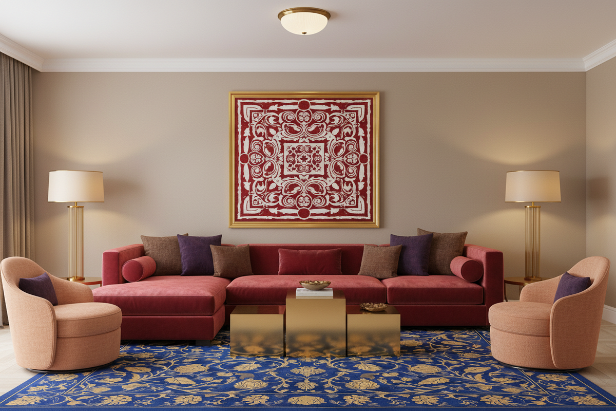 Living room with a red sectional sofa, two armchairs, and a decorative rug.