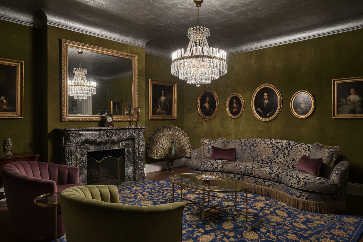 Luxurious living room with green walls, a  blue floral rug, chandelier, and classical decor.