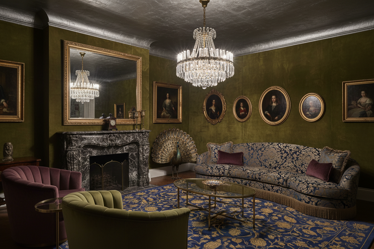 Luxurious living room with green walls, a  blue floral rug, chandelier, and classical decor.