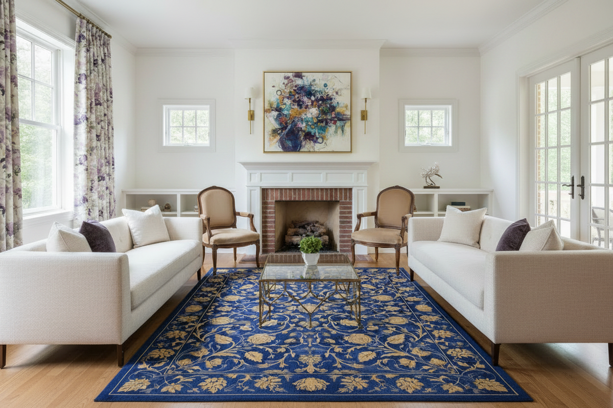 Living room with white sofas, a blue and gold rug, and a fireplace.