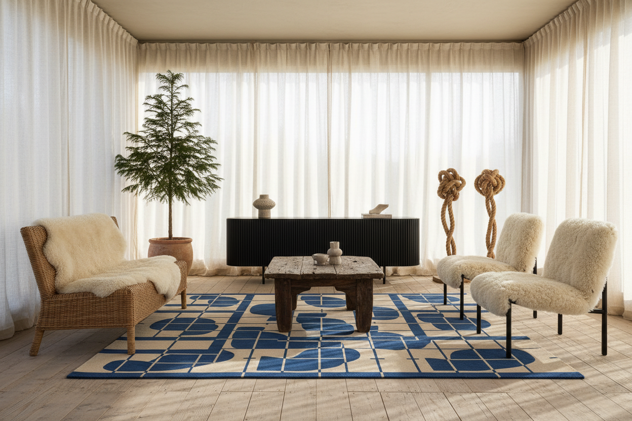 Modern living room with a blue and white patterned rug, wooden coffee table, and decorative chairs.