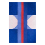 Abstract design rug with blue, red, and white colors on a white background