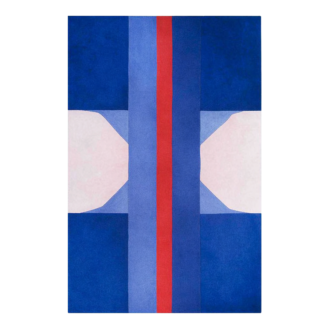 Abstract design rug with blue, red, and white colors on a white background