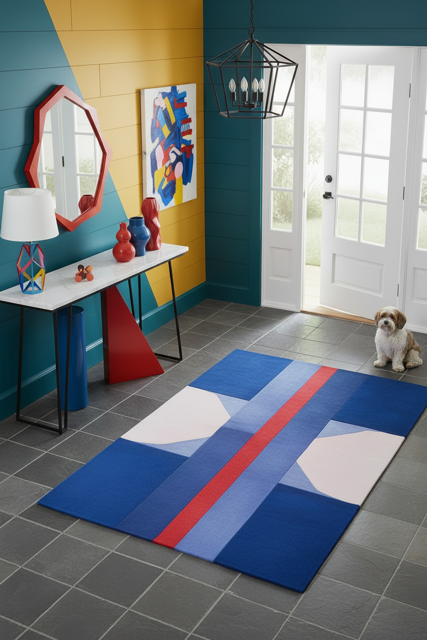 Modern interior with a colorful rug, wooden table, and decorative items.