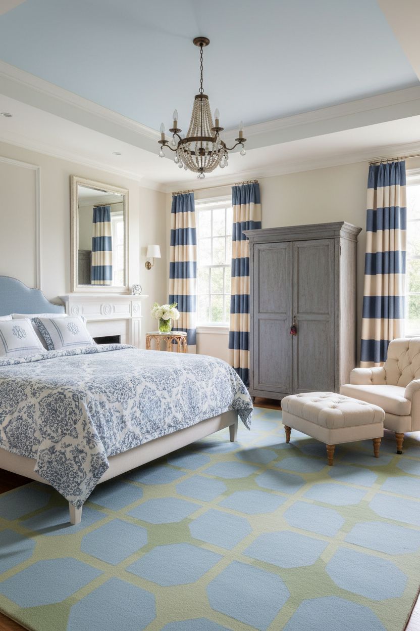 Luxurious bedroom with striped curtains, a chandelier, and patterned rug.