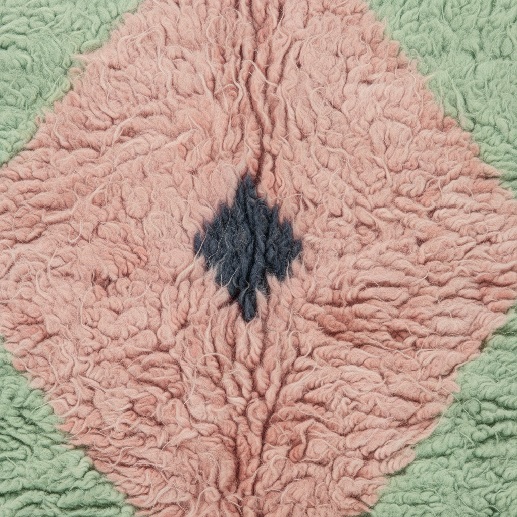 A close-up of a textured, looped fabric or rug with a diamond-shaped dusty pink center, a small dark charcoal diamond motif in the middle, and a sage green border.