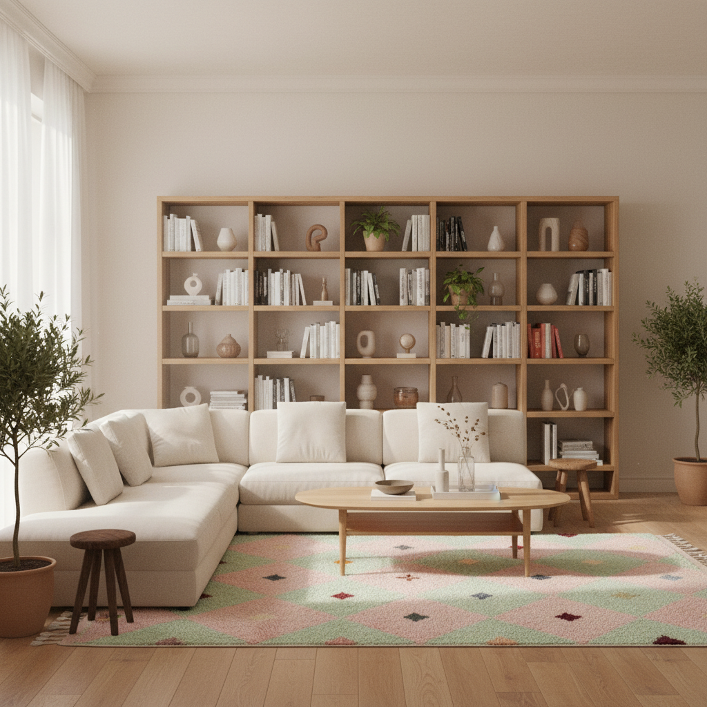 A modern living room featuring a large beige sectional sofa, a light wood coffee table, a patterned pink and green rug, and a tall wooden bookshelf filled with books and decor in the background.