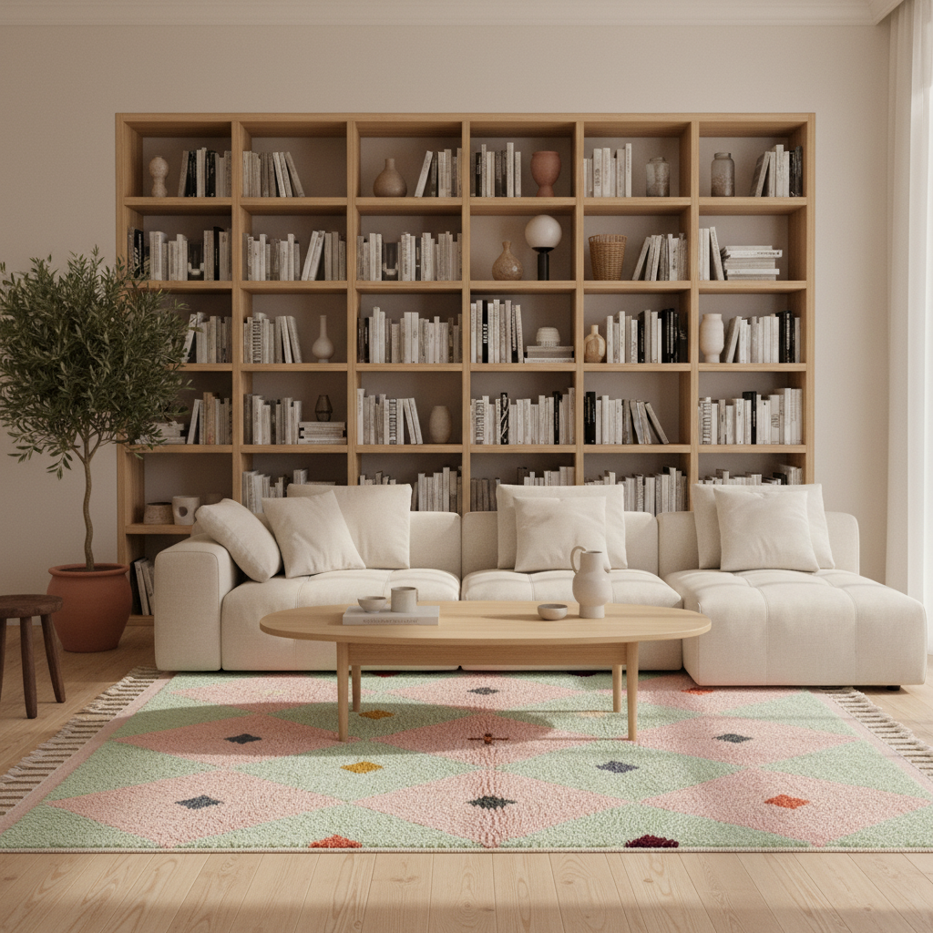 A styled living room featuring a large light wood modular bookshelf filled with books, a cream sectional sofa, a light wood coffee table, a multicolor geometric area rug, and a potted tree.