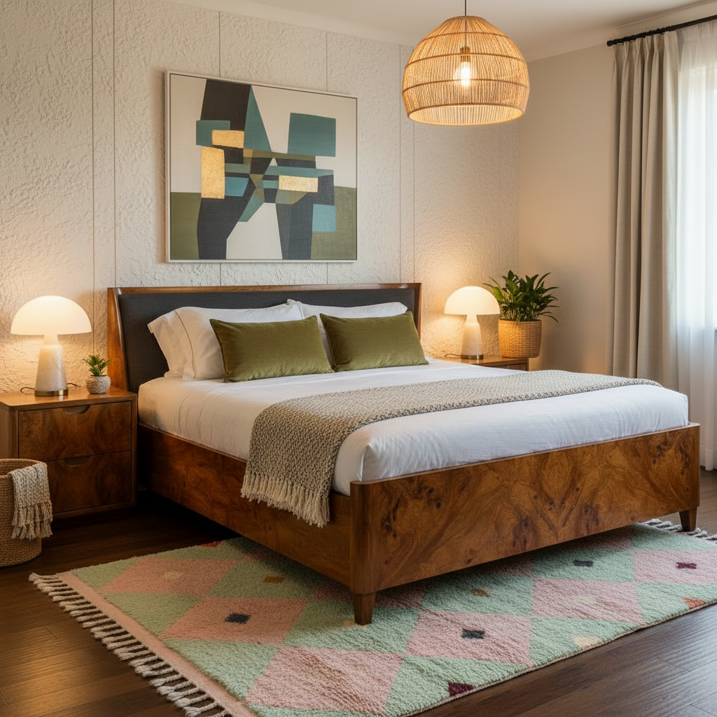 Cozy bedroom with wooden bed, abstract art, shaggy rug, and decorative elements.