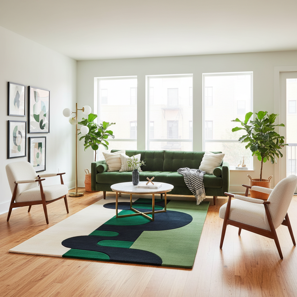 Modern living room with green sofa, green rug, and decor
