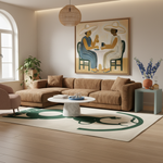 A styled living room featuring a large brown sectional sofa, a cream rug with a green graphic, a marble coffee table, and a large framed art print depicting two women in hats on the wall.