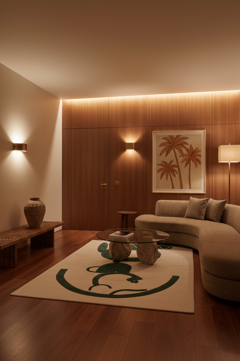 A modern living room with warm wood paneling and flooring, featuring a curved beige sofa, a patterned area rug, a glass-top coffee table, wall sconces, and framed palm tree artwork.