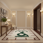 A modern, elegant hallway with beige walls, white trim, and a large cream-colored area rug featuring a dark green stylized deer graphic. On the left, a wooden console table holds a potted plant and books next to a cream-colored armchair. The hallway is illuminated by warm wall sconces.