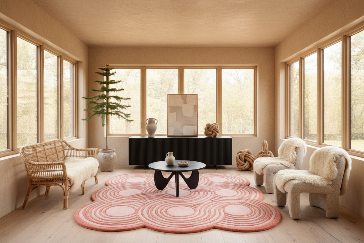 Modern living room with a pink floral rug, white chairs, and large windows.
