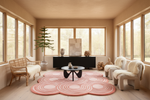 Modern living room with a pink floral rug, white chairs, and large windows.