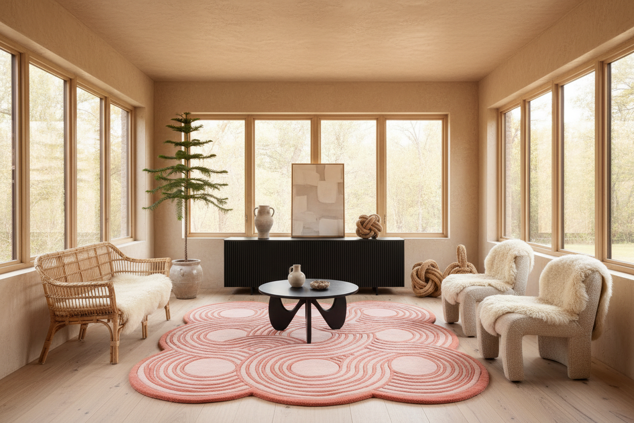 Modern living room with a pink floral rug, white chairs, and large windows.