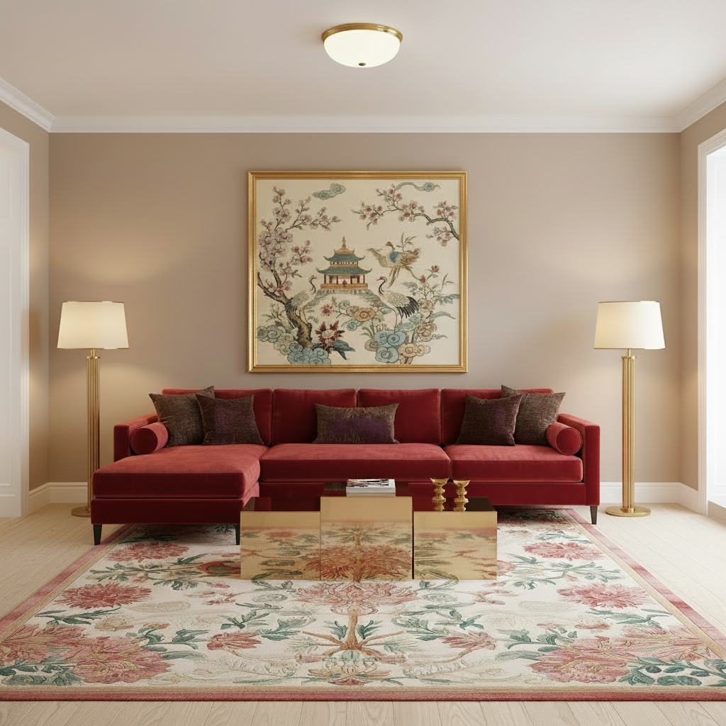 Living room with a red sectional sofa, floral chinoiserie rug, and decorative wall art.