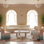 A beautifully styled modern living room featuring a cream curved sofa, two pastel pink and teal gradient armchairs, a round marble-top coffee table, and a floral area rug. The room has warm beige walls, arched windows with gold frames, and potted plants.