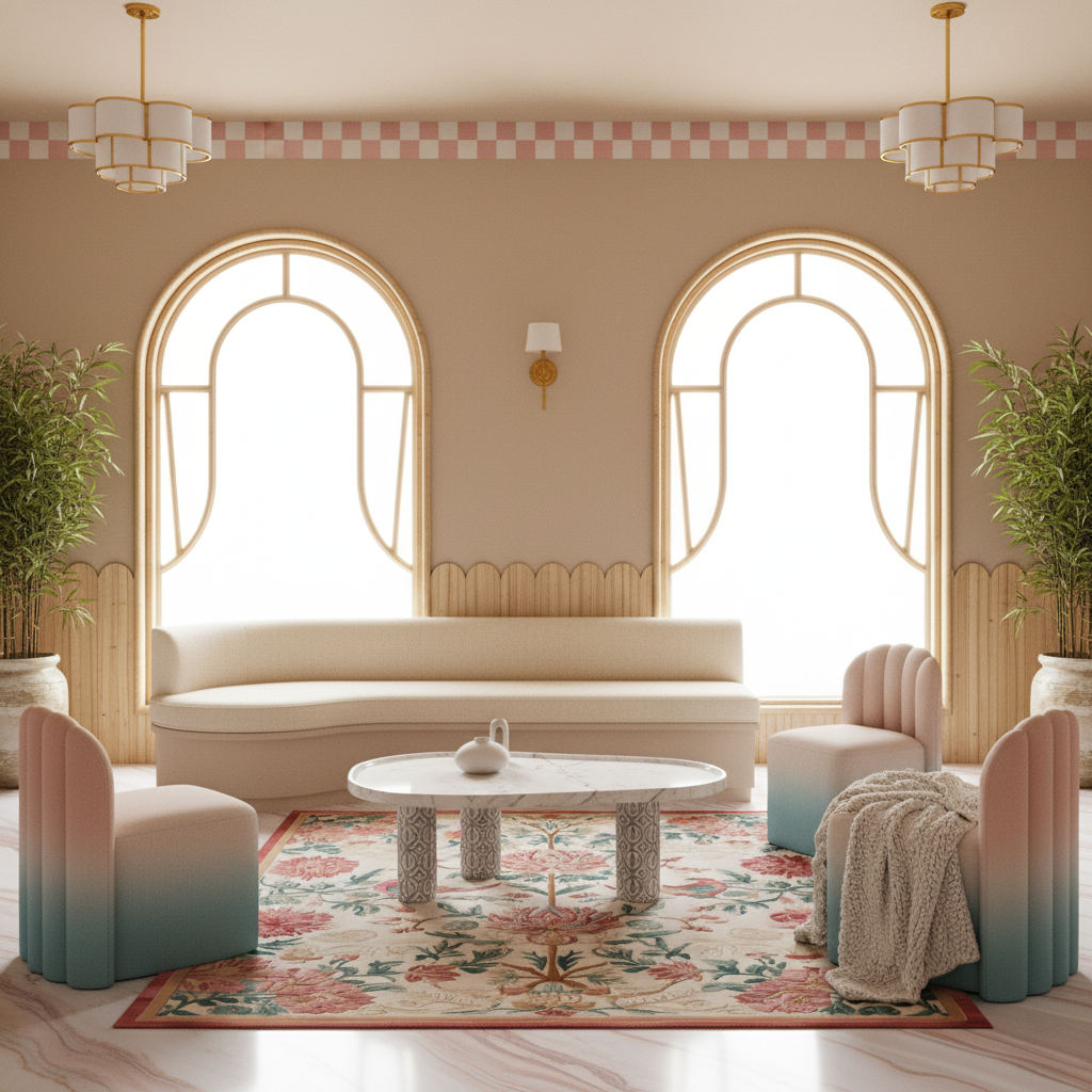 A beautifully styled modern living room featuring a cream curved sofa, two pastel pink and teal gradient armchairs, a round marble-top coffee table, and a floral area rug. The room has warm beige walls, arched windows with gold frames, and potted plants.