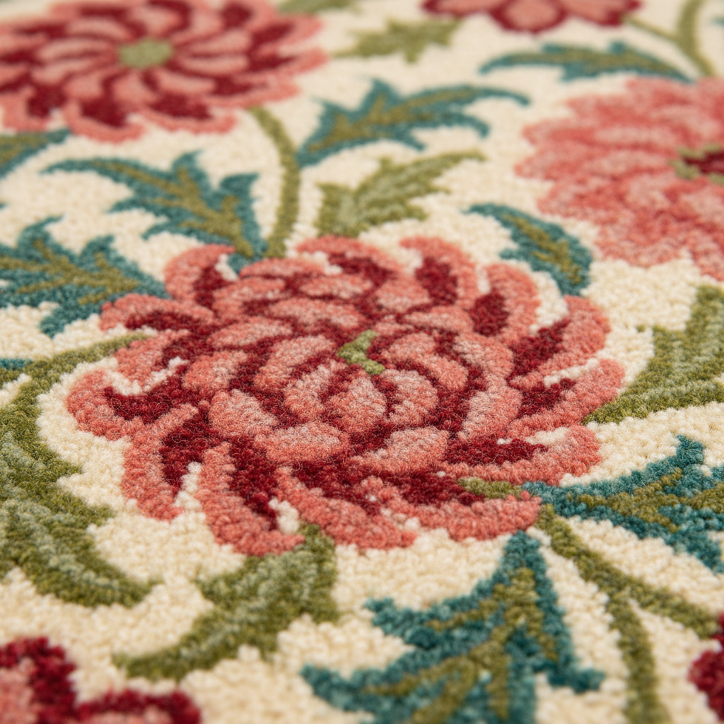 Close-up of a floral area rug with a raised tufted texture, featuring large pink and red flowers with green and teal leaves on an off-white background.