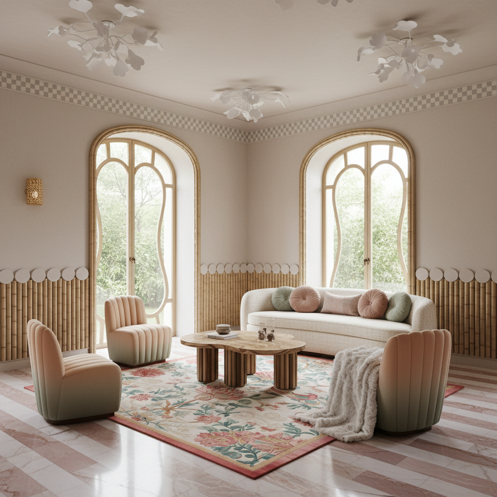 A luxury living room featuring a cream-colored sofa with pastel green and pink pillows, two matching ribbed armchairs, a wooden coffee table, and a floral area rug, set against a backdrop of arched windows and decorative wall panels.