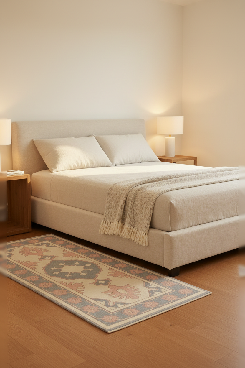 A modern upholstered bed in a warm neutral bedroom setting, featuring a cream-colored bed frame, matching bedding, a beige throw blanket, a patterned area rug, and wooden nightstands with lit lamps.