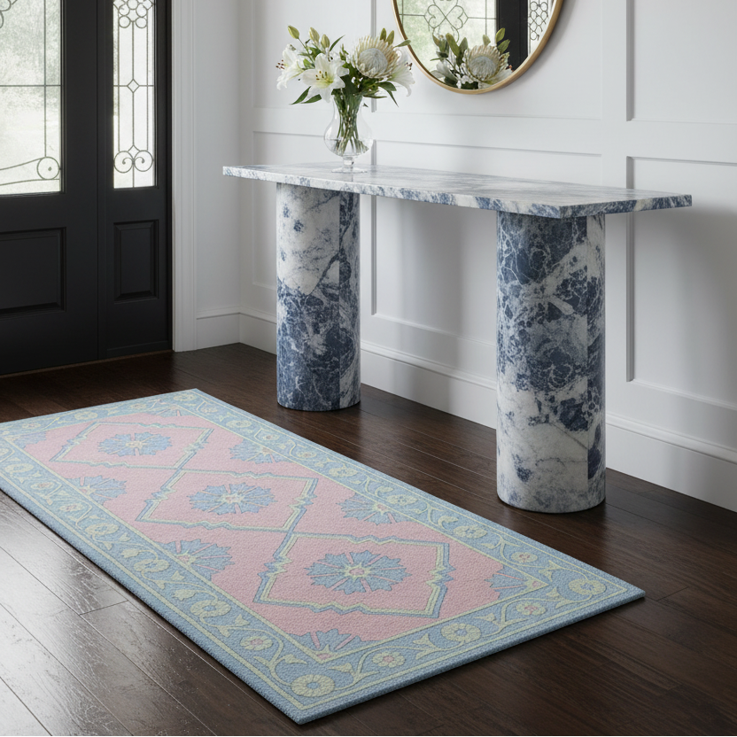 A rectangular area rug with a pink and light blue geometric floral pattern is displayed on a dark wood floor in a bright entryway, positioned in front of a marble-patterned console table.